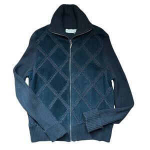 White Stag Black Leather Diamond Pattern Jacket Knit Sleeve Western Travel Sz M